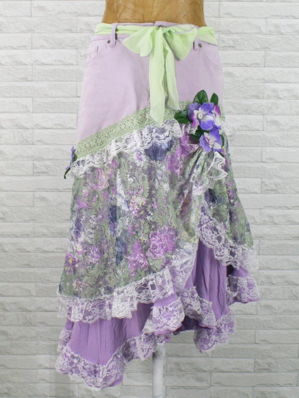 HAND CRAFTED Skirt Denim Jean Upcycled Lace Floral Ruffle Lavender Plus Size 14